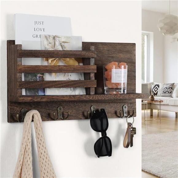 Key & Mail Holder for Wall - Rustic Natural Paulownia Wood - Picture 6 of 8